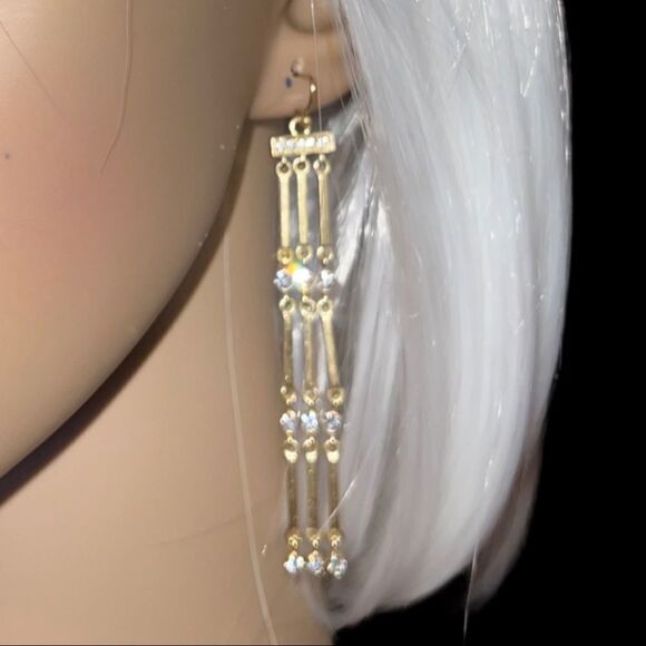 Nwot! Pretty gold 3 strand dangling earrings with rhinestone design ( costume) - Picture 1 of 7